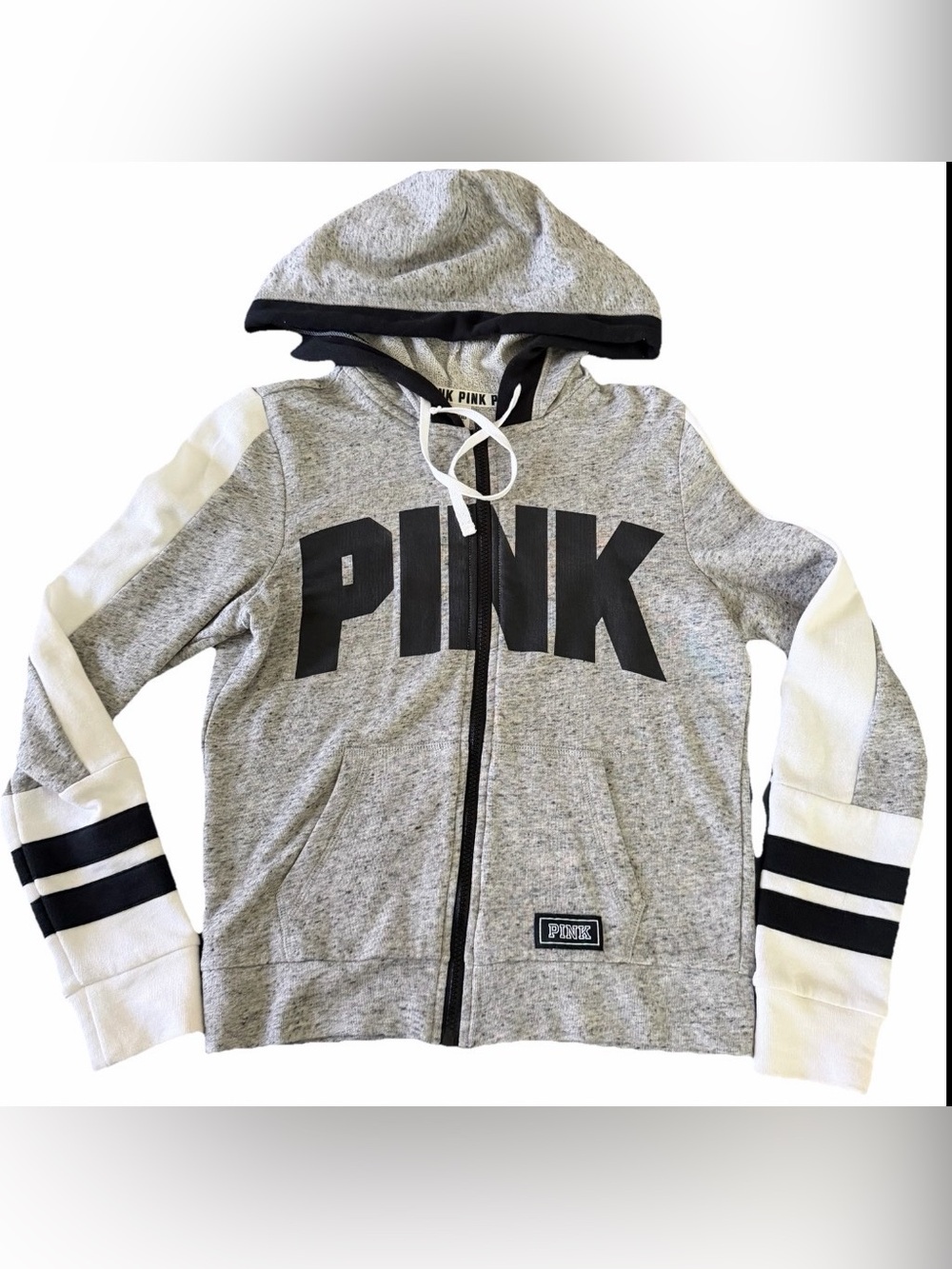 Victoria's Secret PINK Gray and White Zip-Up Hoodie with Black Logo